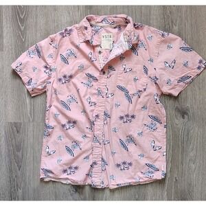 VSTR Premium Beach Short‎ Sleeve Shirt Mens Size M Pink Skeletons on the Beach